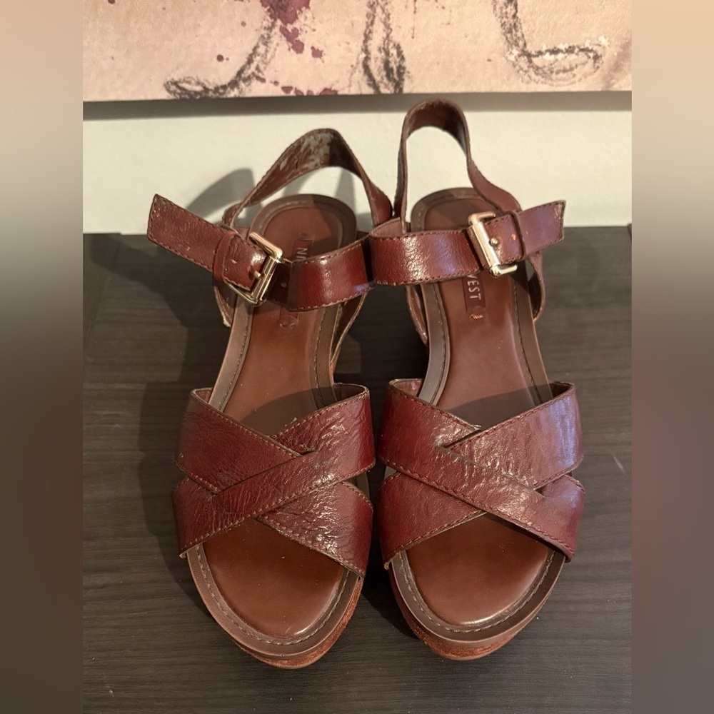 NINE WEST Payal Brown Suede Platform Wedge Slingback Sandal Size 8.5